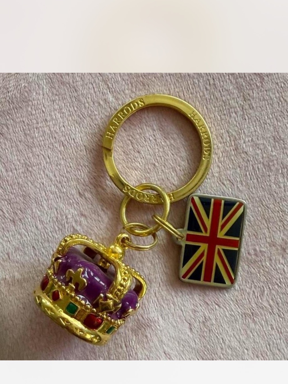 Harrods Gold Crown Keyring with Purple Enamel & Union Jack Charm